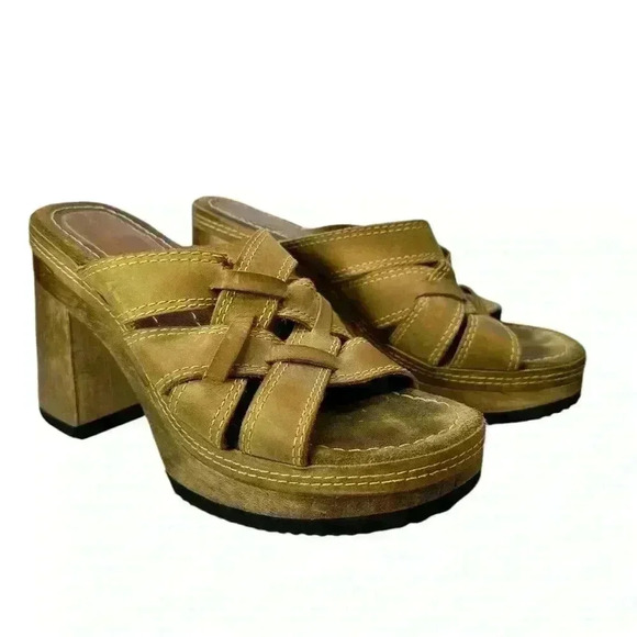 Vintage Candies Platform Sandals Sz 8.5 Brown Leather & Wood Heel Y2k Boho 90s - Picture 1 of 8